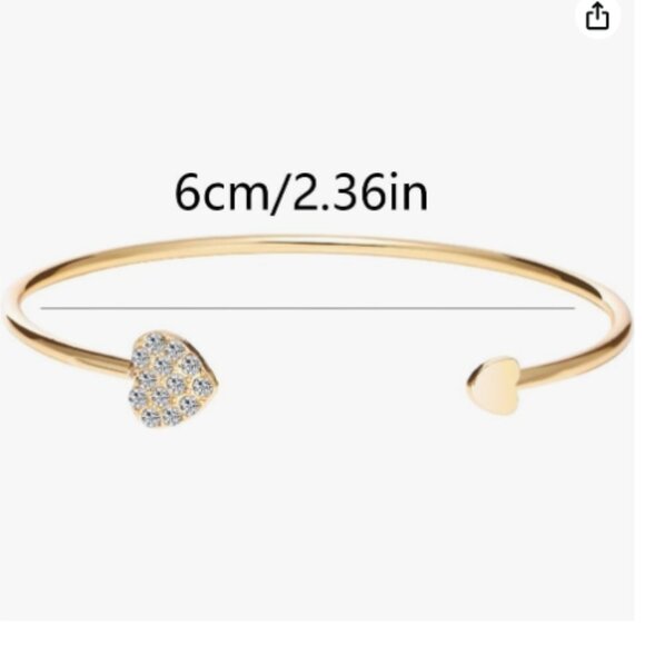 Open Cuff Heart Bangle Bracelet Gold and Rhinestone - Picture 2 of 3